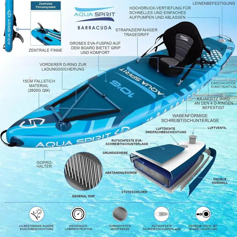 Aqua Spirit SUP-Board – Aufblasbares Stand-Up-Paddle-Board / Paddel-Kajak | 320 x 81 x 15 cm | Komplettset mit Paddel, Sitz, Rucksack, Pumpe und weiterem Zubehör | Für Erwachsene, Anfänger & Fortgeschrittene (Blau)