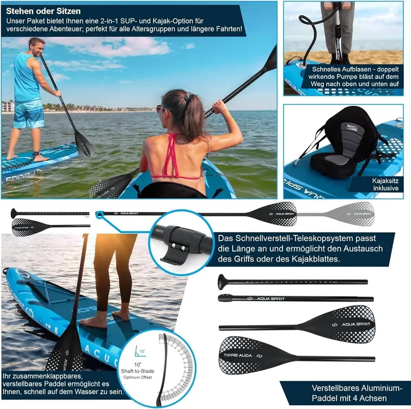 Aqua Spirit SUP-Board – Aufblasbares Stand-Up-Paddle-Board / Paddel-Kajak | 320 x 81 x 15 cm | Komplettset mit Paddel, Sitz, Rucksack, Pumpe und weiterem Zubehör | Für Erwachsene, Anfänger & Fortgeschrittene (Blau)