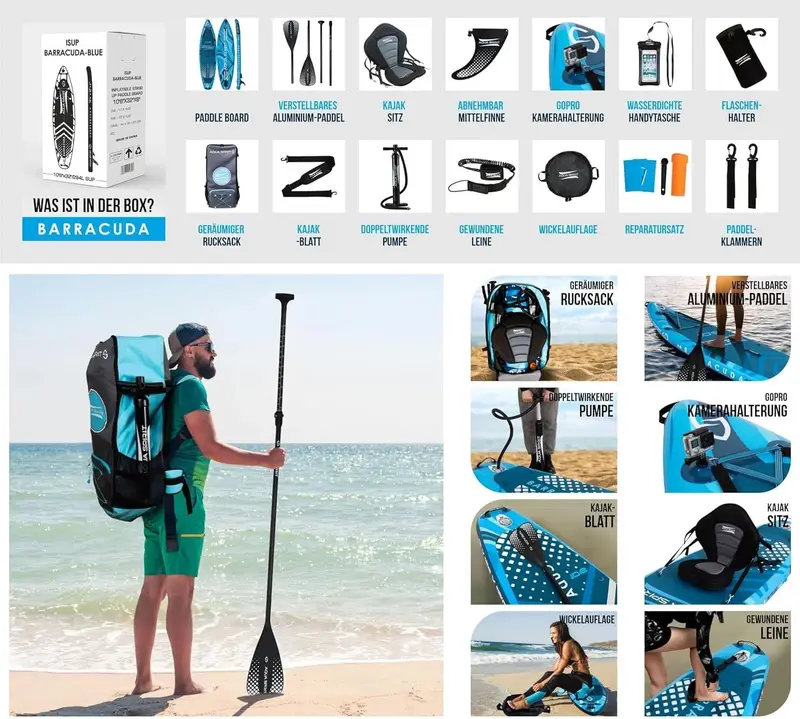 Aqua Spirit SUP-Board – Aufblasbares Stand-Up-Paddle-Board / Paddel-Kajak | 320 x 81 x 15 cm | Komplettset mit Paddel, Sitz, Rucksack, Pumpe und weiterem Zubehör | Für Erwachsene, Anfänger & Fortgeschrittene (Blau)