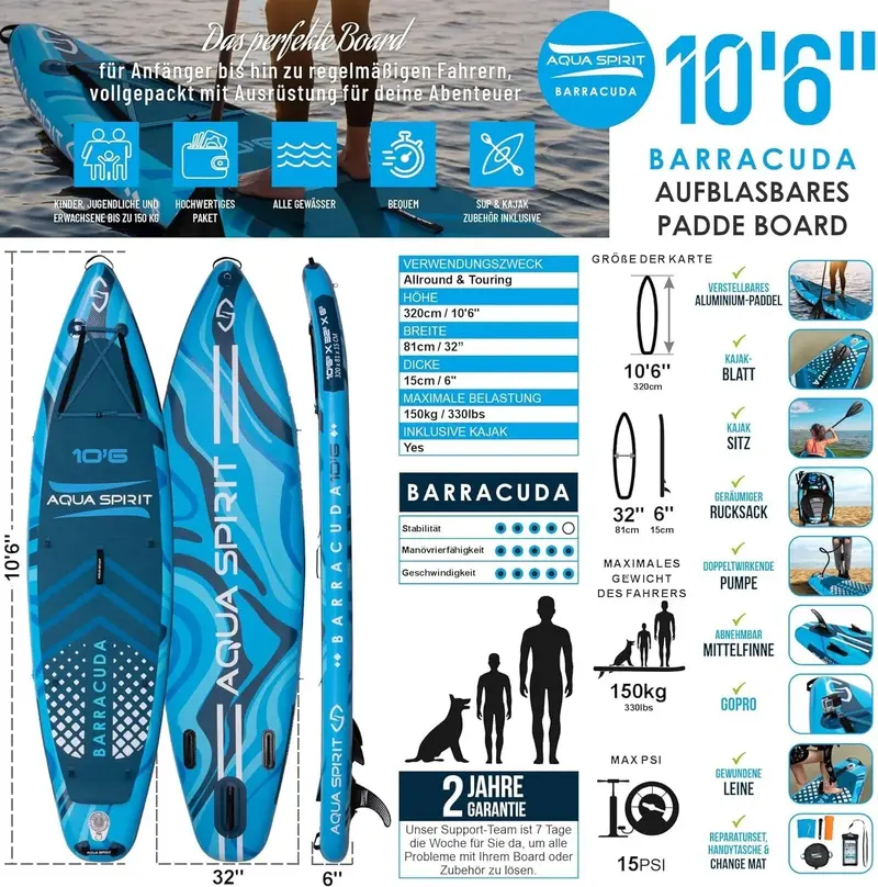 Aqua Spirit SUP-Board – Aufblasbares Stand-Up-Paddle-Board / Paddel-Kajak | 320 x 81 x 15 cm | Komplettset mit Paddel, Sitz, Rucksack, Pumpe und weiterem Zubehör | Für Erwachsene, Anfänger & Fortgeschrittene (Blau)