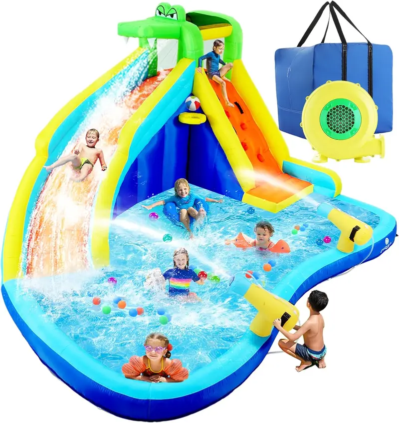 Aufblasbare Wasserrutschen für Kinder – 8-in-1-Hüpfburg-Wasserpark mit 450-W-Gebläse, Kletterwand, Planschbecken, 2 Wasserkanonen, Basketballkorb, Wasserrutsche und Krokodil-Sprinkler – ideal als Geschenk für Gartenpartys