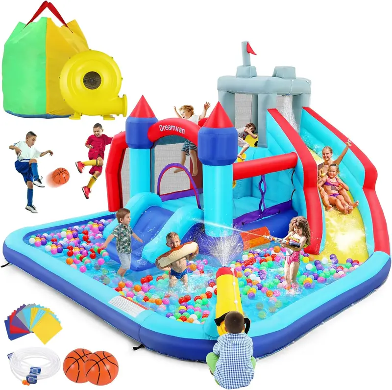 Aufblasbare Wasserrutschen für Kinder – 8-in-1-Hüpfburg-Wasserpark mit 450-W-Gebläse, Kletterwand, Planschbecken, 2 Wasserkanonen, Basketballkorb, Wasserrutsche und Krokodil-Sprinkler – ideal als Geschenk für Gartenpartys 2