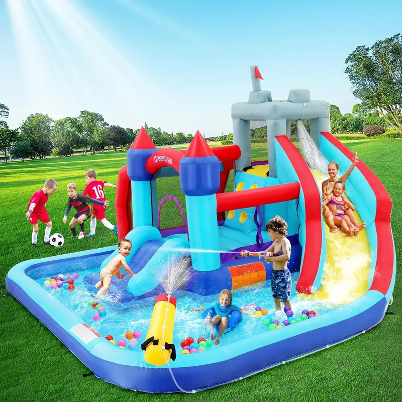 Aufblasbare Wasserrutschen für Kinder – 8-in-1-Hüpfburg-Wasserpark mit 450-W-Gebläse, Kletterwand, Planschbecken, 2 Wasserkanonen, Basketballkorb, Wasserrutsche und Krokodil-Sprinkler – ideal als Geschenk für Gartenpartys