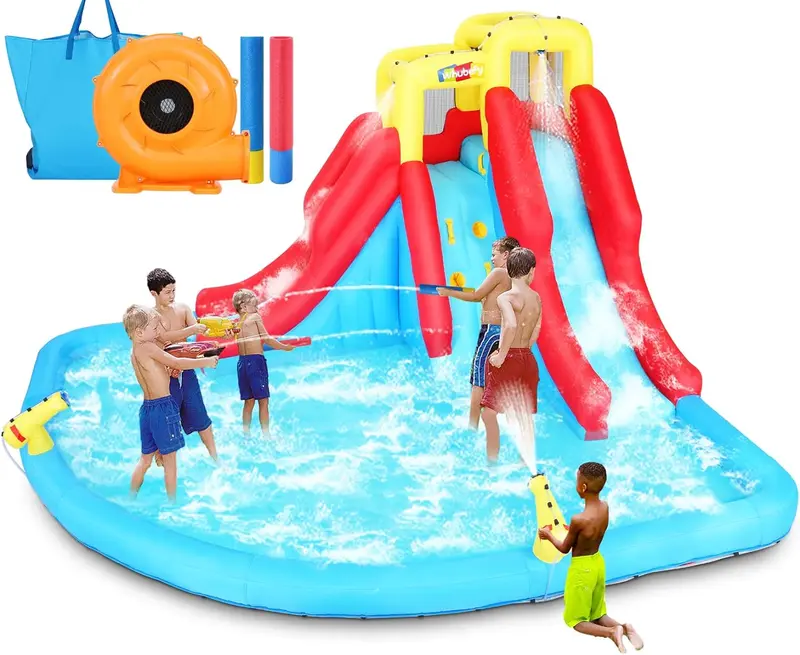 Aufblasbare Wasserrutschen für Kinder – 8-in-1-Hüpfburg-Wasserpark mit 450-W-Gebläse, Kletterwand, Planschbecken, 2 Wasserkanonen, Basketballkorb, Wasserrutsche und Krokodil-Sprinkler – ideal als Geschenk für Gartenpartys