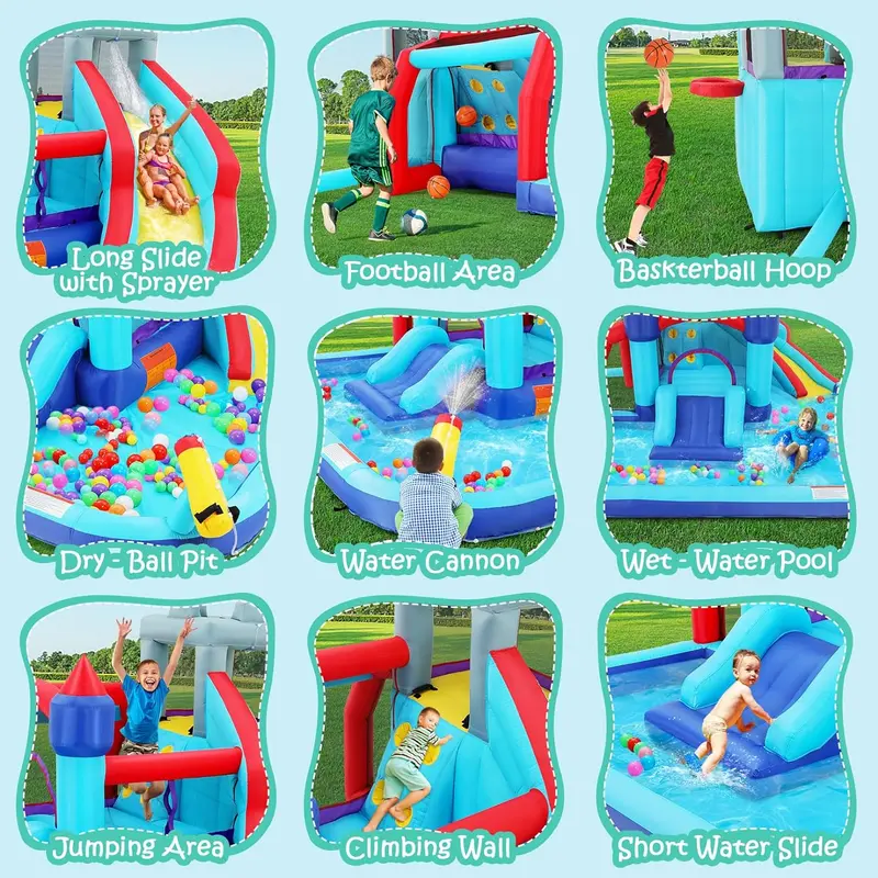 Aufblasbare Wasserrutschen für Kinder – 8-in-1-Hüpfburg-Wasserpark mit 450-W-Gebläse, Kletterwand, Planschbecken, 2 Wasserkanonen, Basketballkorb, Wasserrutsche und Krokodil-Sprinkler – ideal als Geschenk für Gartenpartys