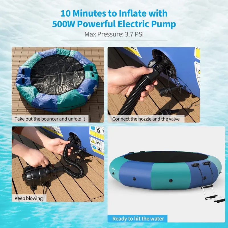 Aufblasbare Wassersprungmatte, 3 m / 3,6 m / 4,5 m große Freizeit-Wasserspringfläche mit elektrischem Aufblasgerät und Seilleiter