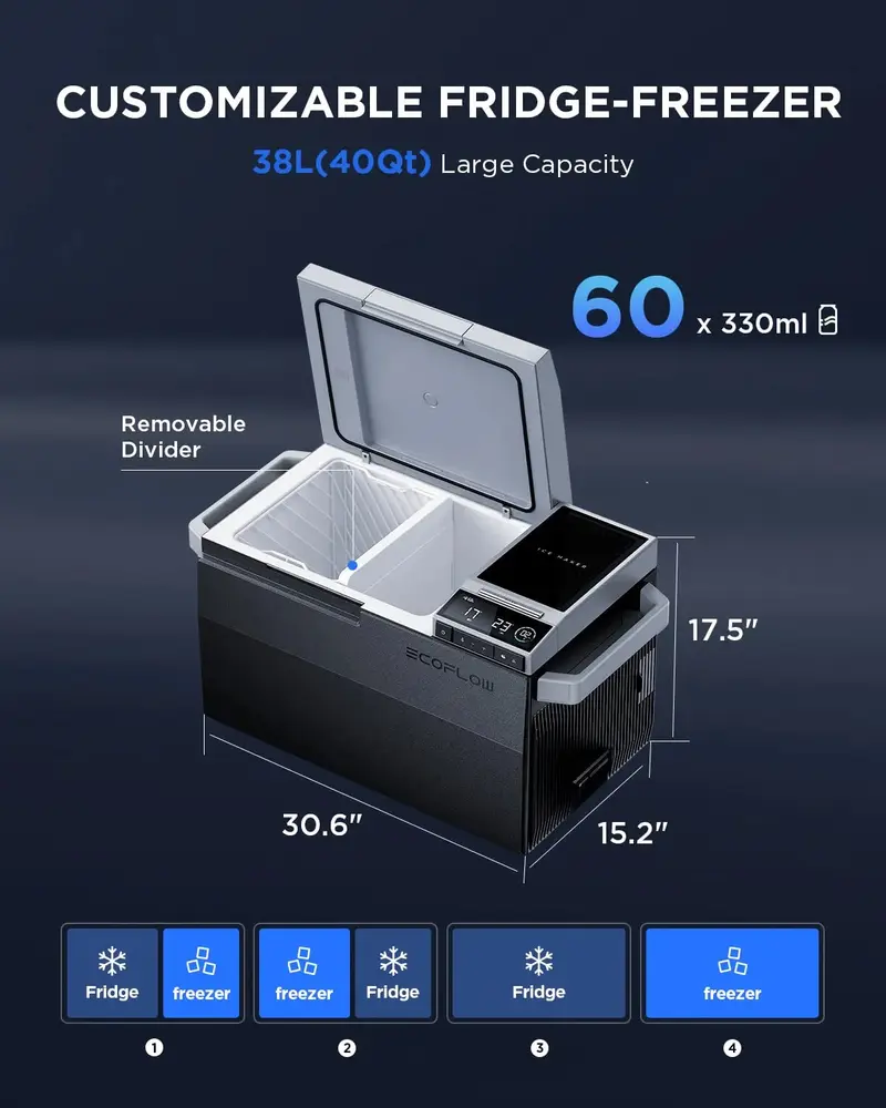 Auto-Kühlschrank, 40 Qt (38 l) tragbarer Kühlschrank, elektrischer Kühlbox mit Eisbereiter, Dual-Zonen-WLAN-App-Steuerung (-13 °C bis 50 °C), 12/24 V Gleichstrom/Wechselstrom für Camping, Reisen, Angeln, Outdoor-Aktivitäten und Lkw