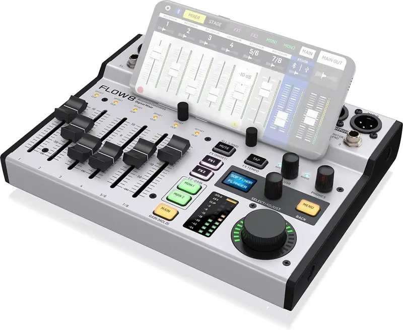 Behringer FLOW 8 – Digitaler 8-Kanal-Mixer mit Bluetooth-Audio und App-Steuerung, 60-mm-Kanal-Fadern, 2 Effektprozessoren und USB/Audio-Interface