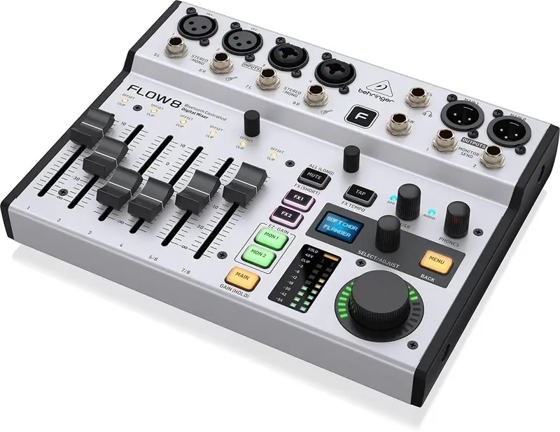 Behringer FLOW 8 – Digitaler 8-Kanal-Mixer mit Bluetooth-Audio und App-Steuerung, 60-mm-Kanal-Fadern, 2 Effektprozessoren und USB/Audio-Interface