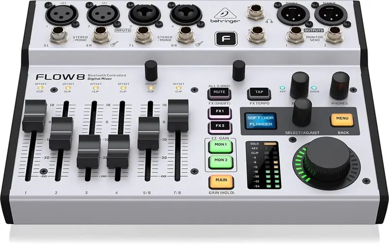 Behringer FLOW 8 – Digitaler 8-Kanal-Mixer mit Bluetooth-Audio und App-Steuerung, 60-mm-Kanal-Fadern, 2 Effektprozessoren und USB/Audio-Interface
