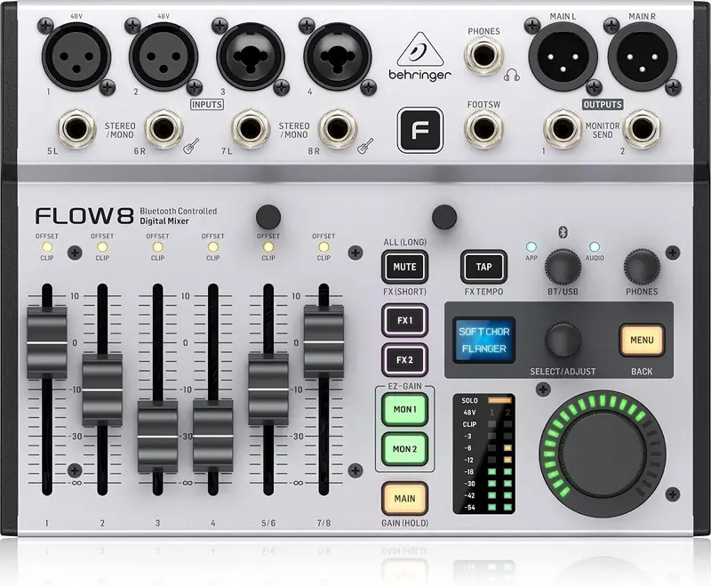 Behringer FLOW 8 – Digitaler 8-Kanal-Mixer mit Bluetooth-Audio und App-Steuerung, 60-mm-Kanal-Fadern, 2 Effektprozessoren und USB/Audio-Interface