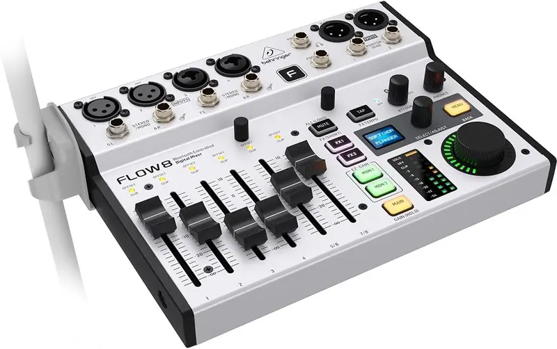Behringer FLOW 8 – Digitaler 8-Kanal-Mixer mit Bluetooth-Audio und App-Steuerung, 60-mm-Kanal-Fadern, 2 Effektprozessoren und USB/Audio-Interface