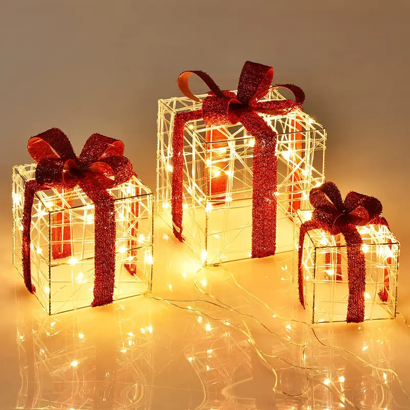 Beleuchtete Geschenkboxen für Weihnachten, Set mit 3 weißen Geschenk-Ornament-Boxen mit 60 LED-Leuchten
