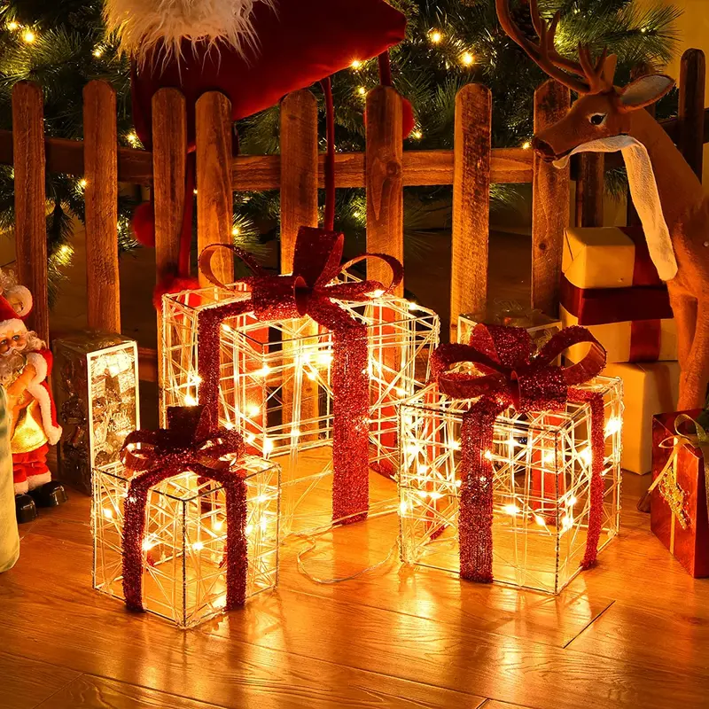Beleuchtete Geschenkboxen für Weihnachten, Set mit 3 weißen Geschenk-Ornament-Boxen mit 60 LED-Leuchten 2