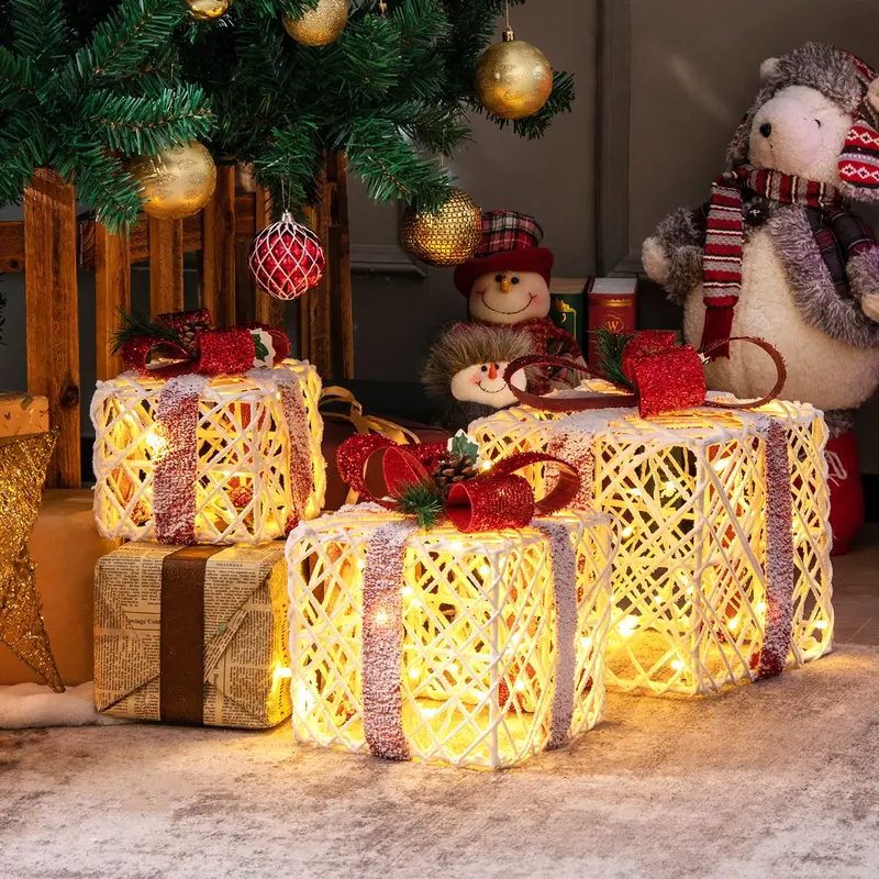 Beleuchtete Geschenkboxen für Weihnachten, Set mit 3 weißen Geschenk-Ornament-Boxen mit 60 LED-Leuchten