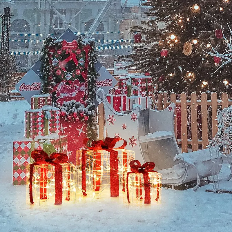 Beleuchtete Geschenkboxen für Weihnachten, Set mit 3 weißen Geschenk-Ornament-Boxen mit 60 LED-Leuchten