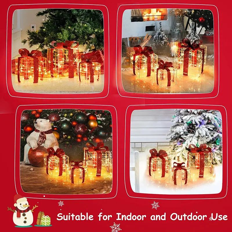 Beleuchtete Geschenkboxen für Weihnachten, Set mit 3 weißen Geschenk-Ornament-Boxen mit 60 LED-Leuchten