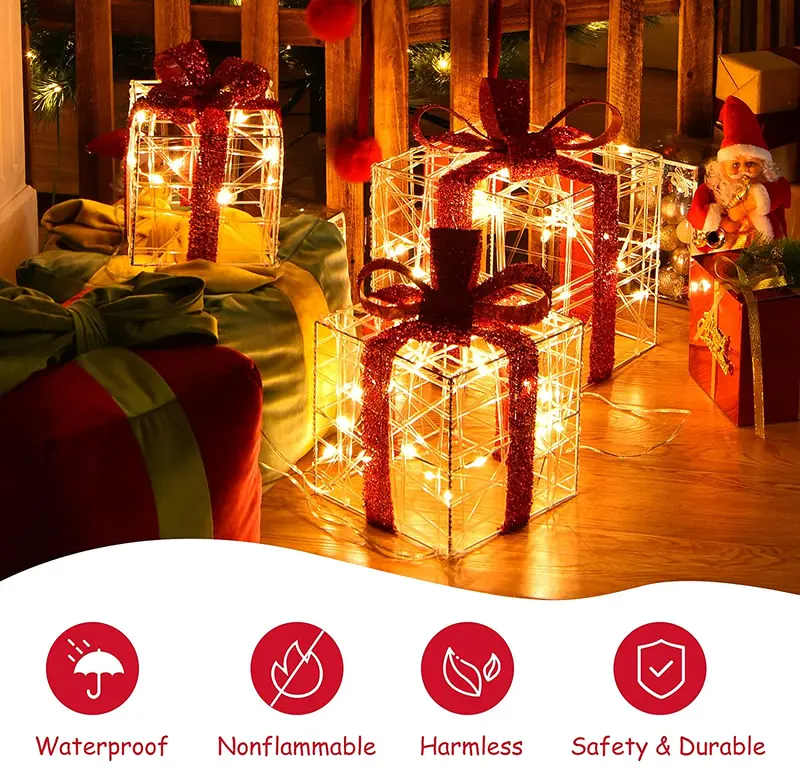 Beleuchtete Geschenkboxen für Weihnachten, Set mit 3 weißen Geschenk-Ornament-Boxen mit 60 LED-Leuchten