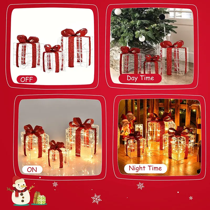 Beleuchtete Geschenkboxen für Weihnachten, Set mit 3 weißen Geschenk-Ornament-Boxen mit 60 LED-Leuchten