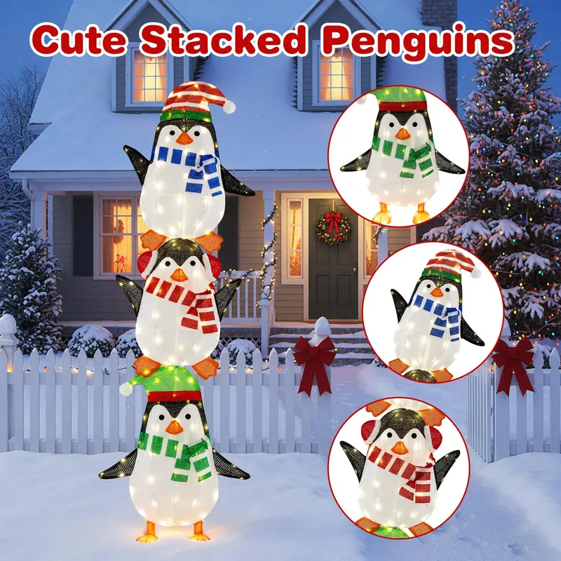 Beleuchtete Pinguin-Dekoration mit warmweißen Lichtern und niedlichen Hüten
