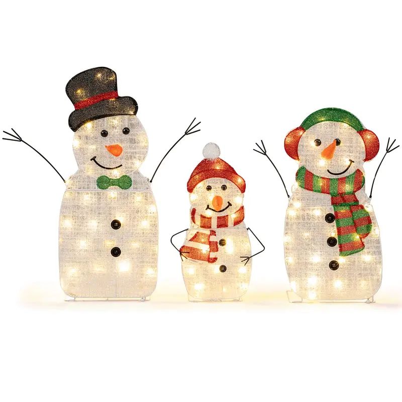 Beleuchtete Schneemann-Familie als Weihnachtsdekoration – 3-teiliges, vorgeleuchtetes 2D-Schneemann-Set