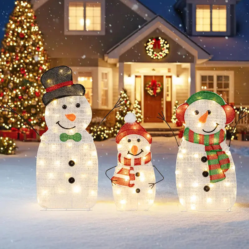 Beleuchtete Schneemann-Familie als Weihnachtsdekoration – 3-teiliges, vorgeleuchtetes 2D-Schneemann-Set 2