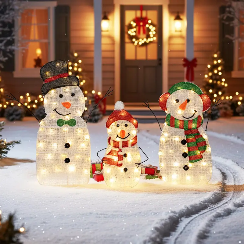 Beleuchtete Schneemann-Familie als Weihnachtsdekoration – 3-teiliges, vorgeleuchtetes 2D-Schneemann-Set