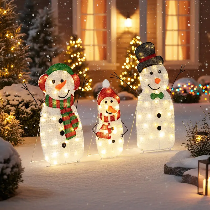 Beleuchtete Schneemann-Familie als Weihnachtsdekoration – 3-teiliges, vorgeleuchtetes 2D-Schneemann-Set