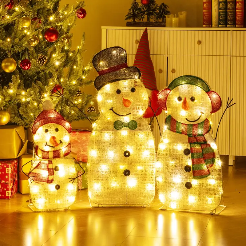 Beleuchtete Schneemann-Familie als Weihnachtsdekoration – 3-teiliges, vorgeleuchtetes 2D-Schneemann-Set