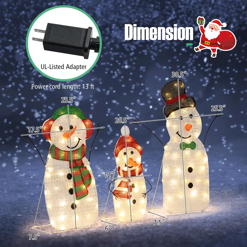 Beleuchtete Schneemann-Familie als Weihnachtsdekoration – 3-teiliges, vorgeleuchtetes 2D-Schneemann-Set