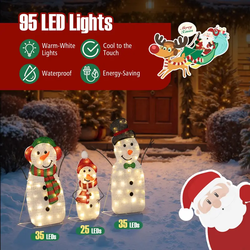 Beleuchtete Schneemann-Familie als Weihnachtsdekoration – 3-teiliges, vorgeleuchtetes 2D-Schneemann-Set
