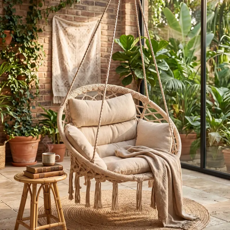 Boho-Macramé-Hängesessel mit Kissen für Terrasse und Veranda