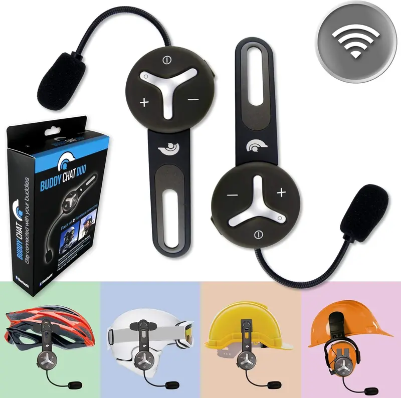 BuddyChat Duo (2er-Set) Bluetooth-Fahrrad-, Sport-, Ski- und Arbeits-Intercom-Helm-Headset, Freisprechanlage, Gegensprechanlage mit DSP-Geräuschunterdrückung, Reichweite bis zu 1.000 m