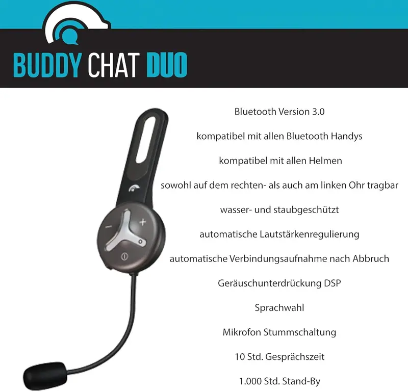 BuddyChat Duo (2er-Set) Bluetooth-Fahrrad-, Sport-, Ski- und Arbeits-Intercom-Helm-Headset, Freisprechanlage, Gegensprechanlage mit DSP-Geräuschunterdrückung, Reichweite bis zu 1.000 m