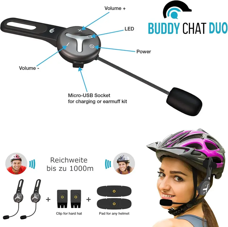 BuddyChat Duo (2er-Set) Bluetooth-Fahrrad-, Sport-, Ski- und Arbeits-Intercom-Helm-Headset, Freisprechanlage, Gegensprechanlage mit DSP-Geräuschunterdrückung, Reichweite bis zu 1.000 m