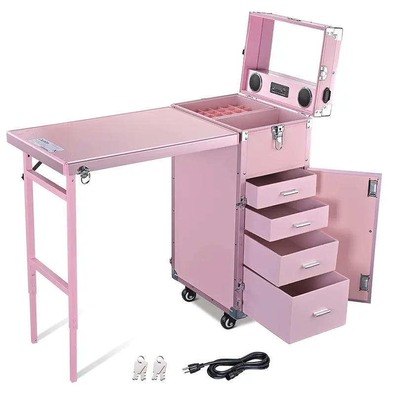 BYOOTIQUE Nageltisch-Mobile Station mit Rollen – Kosmetik-Koffer mit Make-up-Trolley, Maniküre-Tisch und Spiegel, 4 Schubladen, Rosa