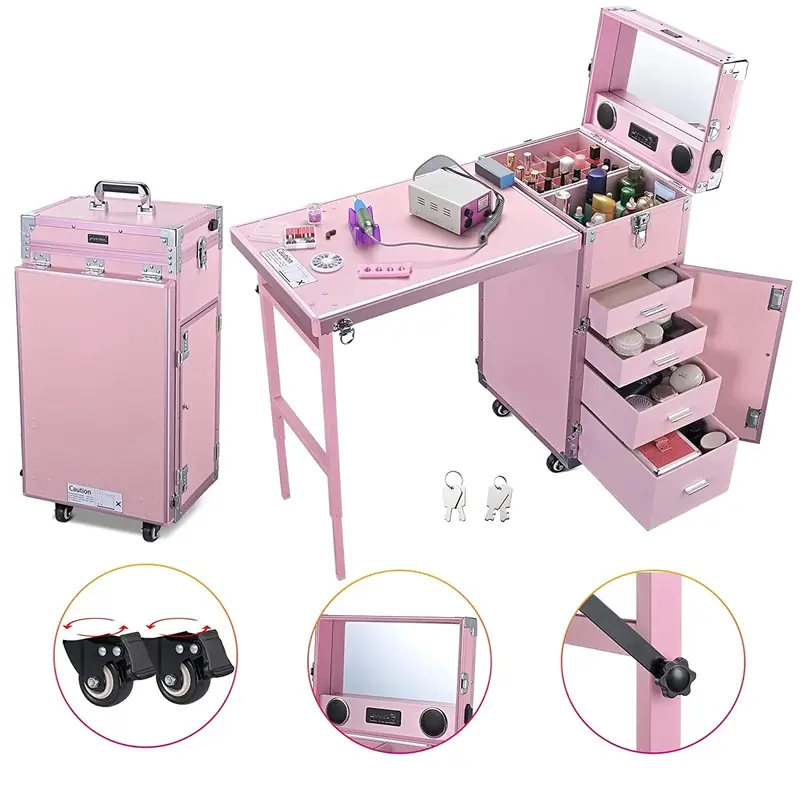 BYOOTIQUE Nageltisch-Mobile Station mit Rollen – Kosmetik-Koffer mit Make-up-Trolley, Maniküre-Tisch und Spiegel, 4 Schubladen, Rosa 2