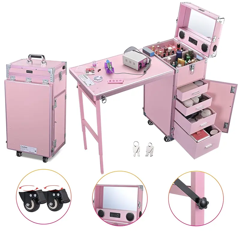BYOOTIQUE Nageltisch-Mobile Station mit Rollen – Kosmetik-Koffer mit Make-up-Trolley, Maniküre-Tisch und Spiegel, 4 Schubladen, Rosa 2