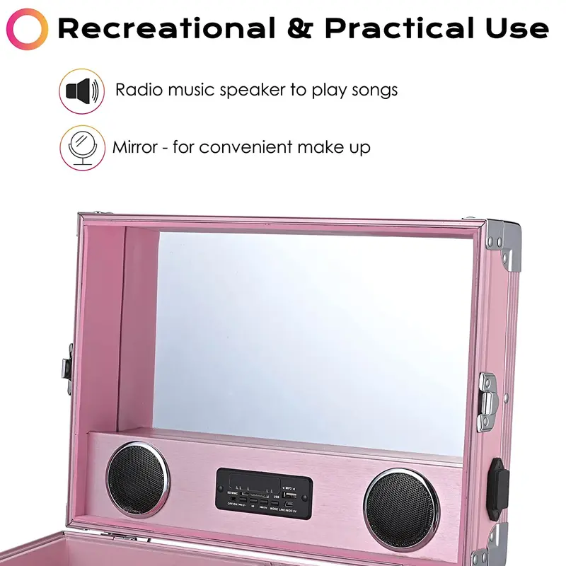 BYOOTIQUE Nageltisch-Mobile Station mit Rollen – Kosmetik-Koffer mit Make-up-Trolley, Maniküre-Tisch und Spiegel, 4 Schubladen, Rosa