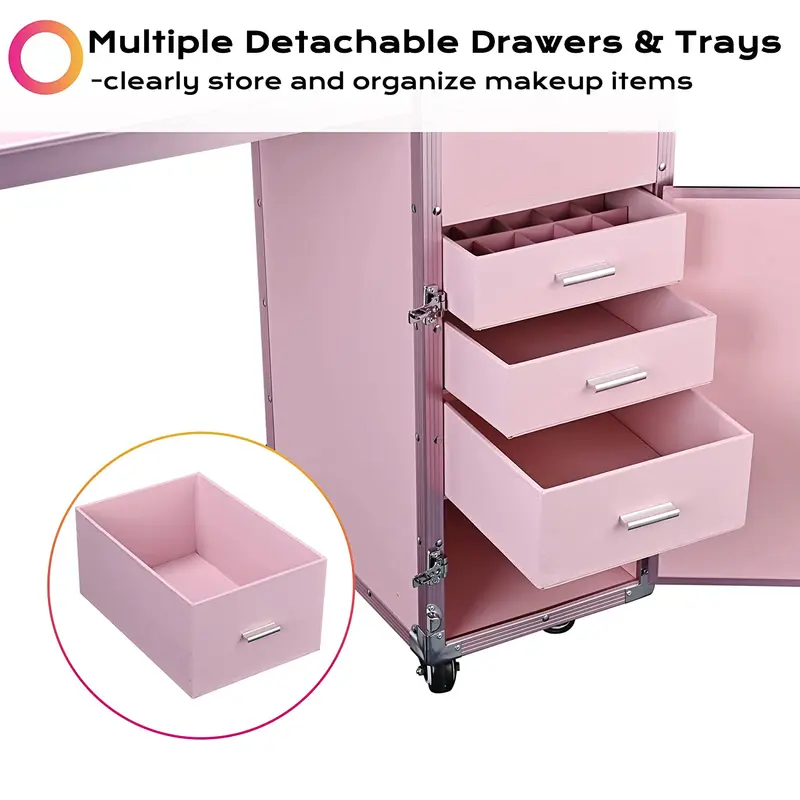 BYOOTIQUE Nageltisch-Mobile Station mit Rollen – Kosmetik-Koffer mit Make-up-Trolley, Maniküre-Tisch und Spiegel, 4 Schubladen, Rosa