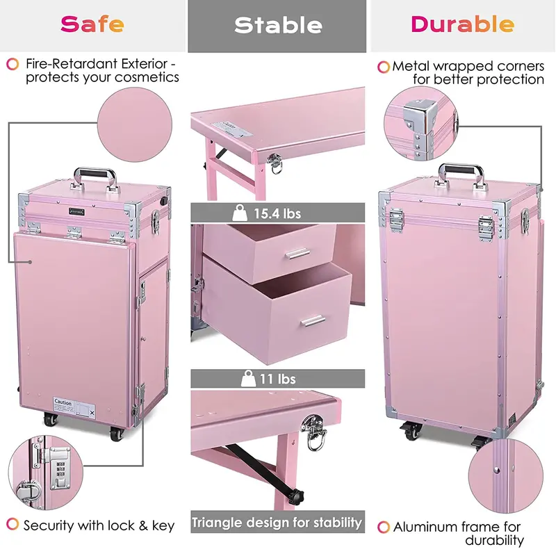 BYOOTIQUE Nageltisch-Mobile Station mit Rollen – Kosmetik-Koffer mit Make-up-Trolley, Maniküre-Tisch und Spiegel, 4 Schubladen, Rosa