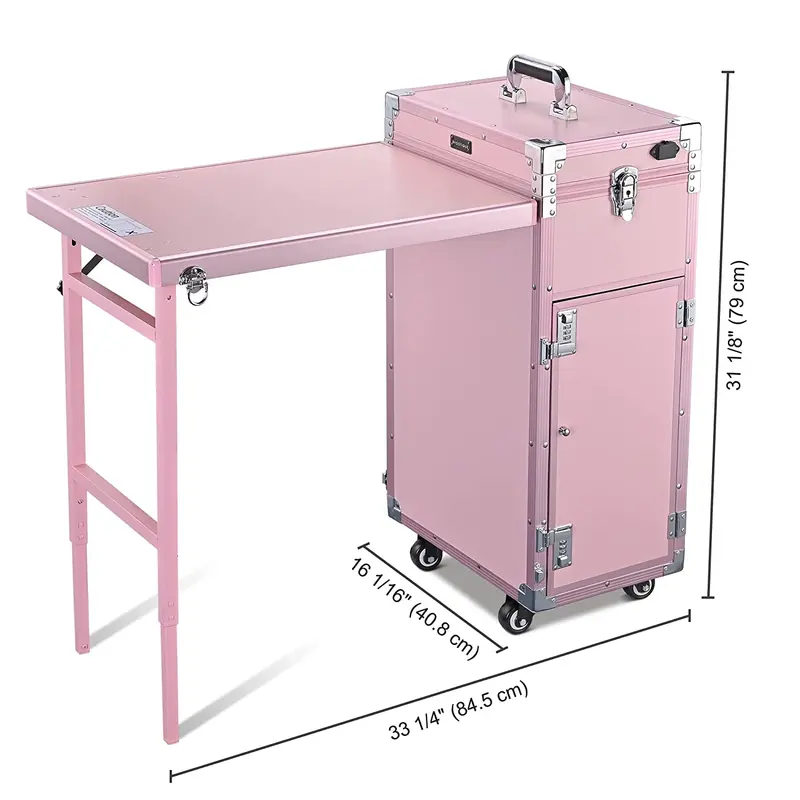 BYOOTIQUE Nageltisch-Mobile Station mit Rollen – Kosmetik-Koffer mit Make-up-Trolley, Maniküre-Tisch und Spiegel, 4 Schubladen, Rosa