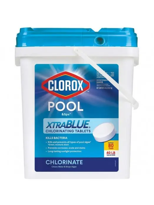 Clorox Xtra Blue Chlorierungstabletten für Pool und Whirlpool, 40 Pfund (ca. 18,1 kg), 80 Stück, 3 Zoll (ca. 7,6 cm), langanhaltend