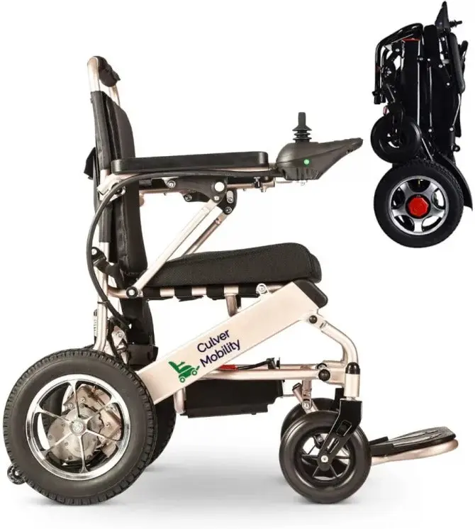 Culver Mobility Elektrischer Rollstuhl mit Scooter-Funktion – klappbar, leichtgewichtig, sicher, motorisiert, FDA-zertifiziert, reisetauglich (kostenloser Rollstuhl-Rampen-Geschenkgutschein) (Silber – 44,5 cm)