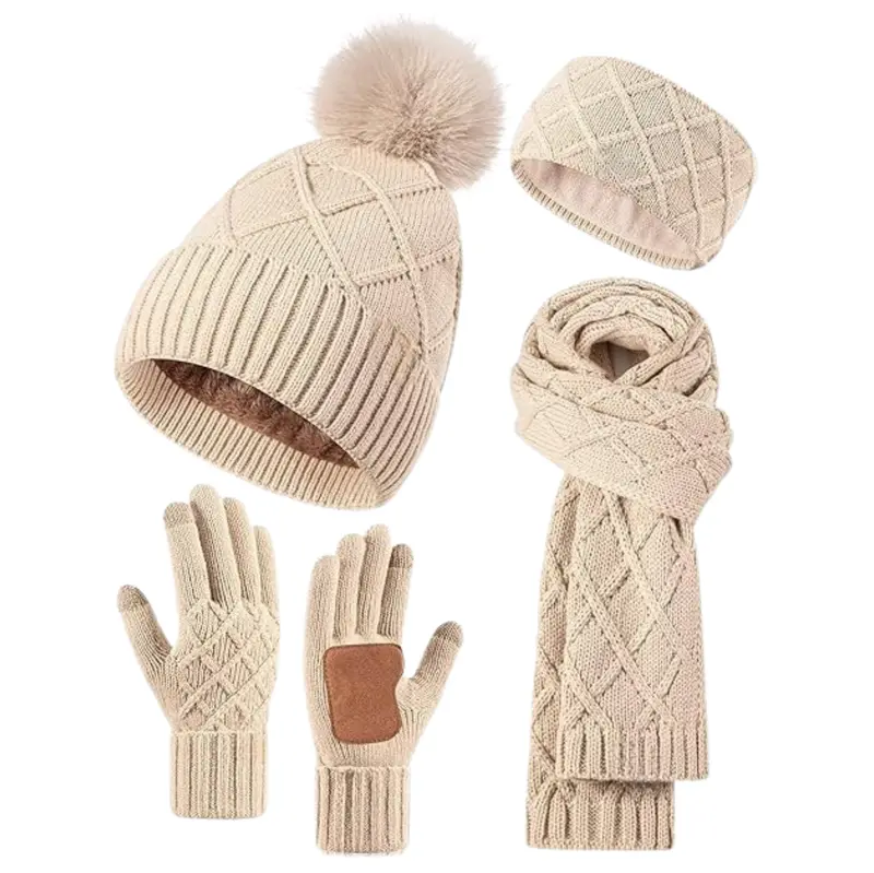 Damen-Winter-Set mit 4 Teilen: Mütze, Schal, Handschuhe und Stirnband in Haferfarbe