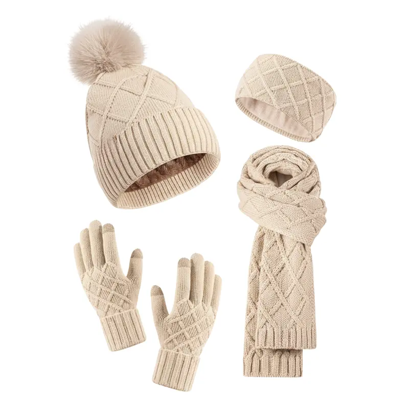 Damen-Winter-Set mit 4 Teilen: Mütze, Schal, Handschuhe und Stirnband in Haferfarbe 2