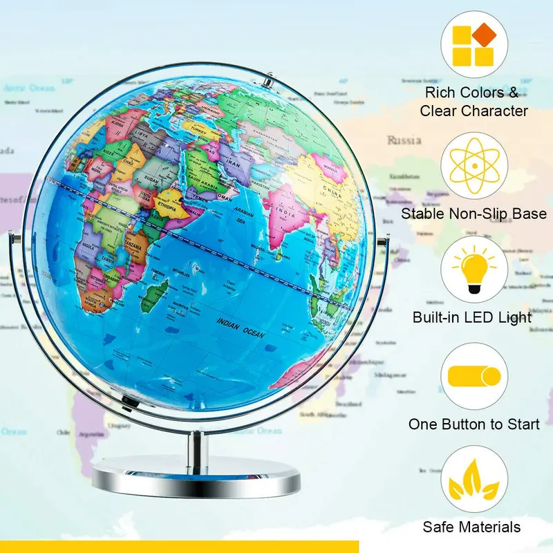 Desktop-Weltglobus, pädagogischer geografischer Weltglobus mit LED-Beleuchtung