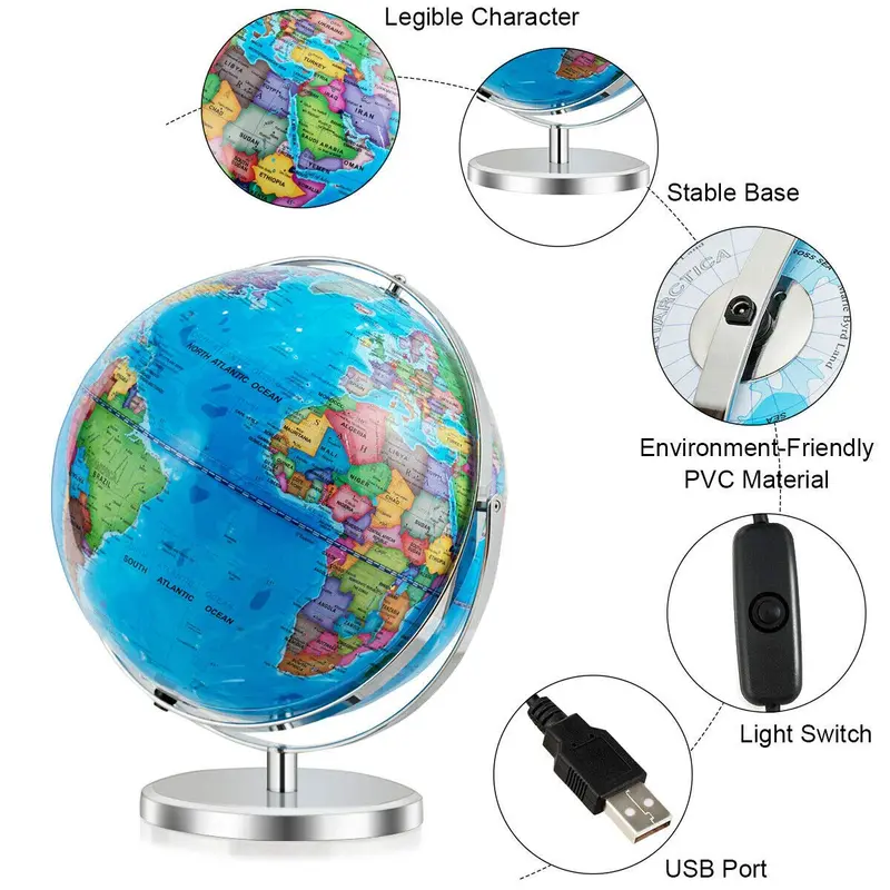 Desktop-Weltglobus, pädagogischer geografischer Weltglobus mit LED-Beleuchtung