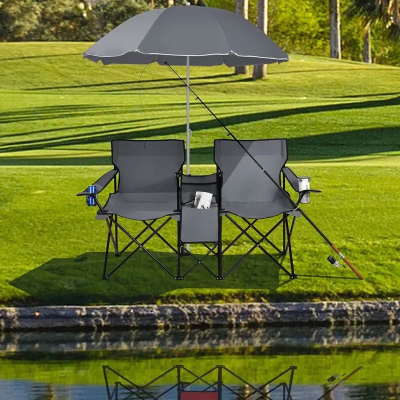 Doppelt klappbare Picknickstühle mit Sonnenschirm, Mini-Tisch, Getränkehalter und Tragetasche