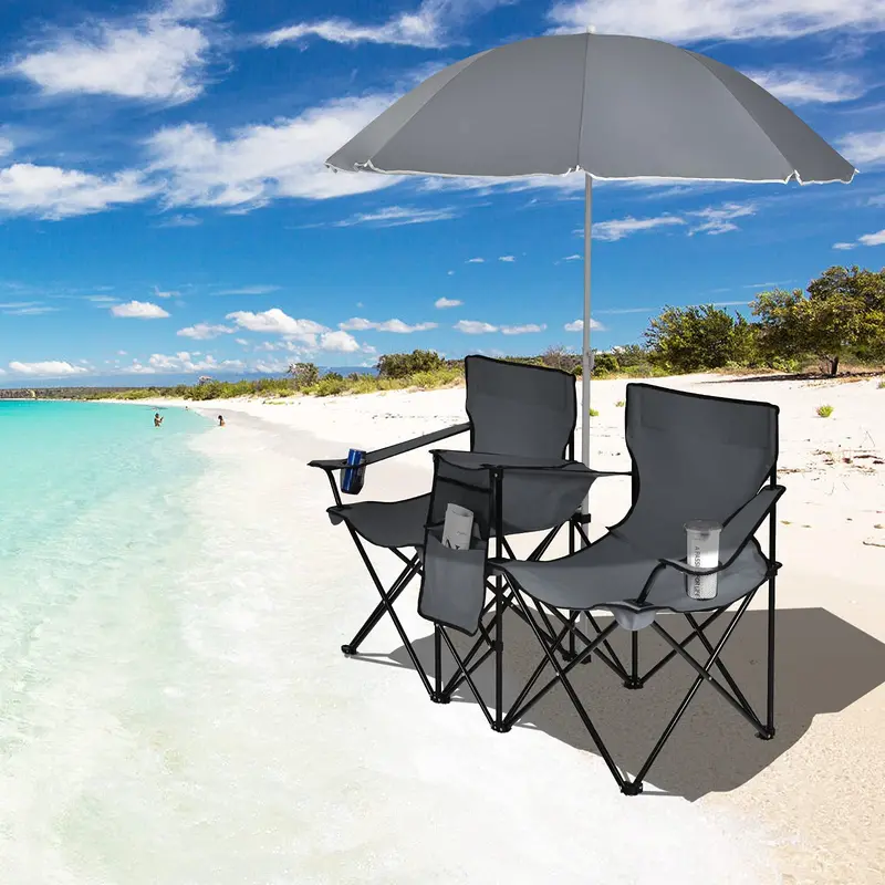 Doppelt klappbare Picknickstühle mit Sonnenschirm, Mini-Tisch, Getränkehalter und Tragetasche